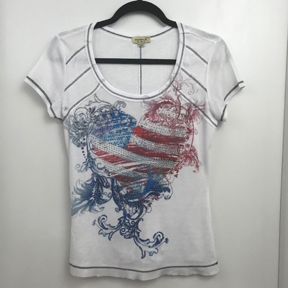 NEW WHITE One World Burnout Knit Short Sleeved Embellished Printed Tee